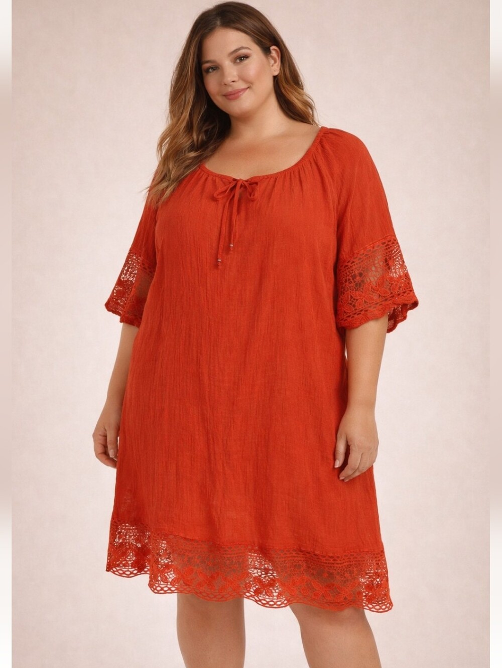 Cato Bright Red/Orange Crochet Trim Peasant Dress Lined Size 14/16W